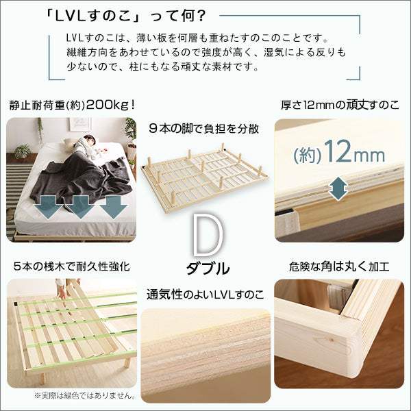 LILITTA・3段階高さ調節 脚付きすのこベッド(ダブル) 【リリッタ】(ポケットコイルロールマットレス付き) - DEGUTI