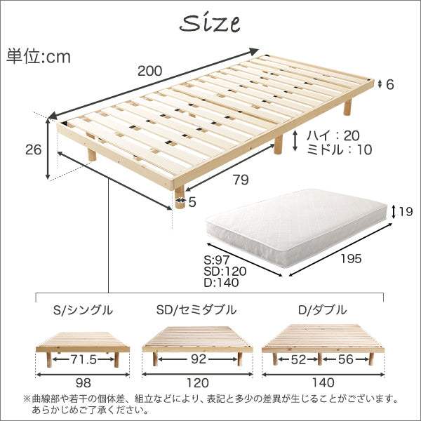 LILITTA・3段階高さ調節 脚付きすのこベッド(シングル) 【リリッタ】(ポケットコイルロールマットレス付き) - DEGUTI