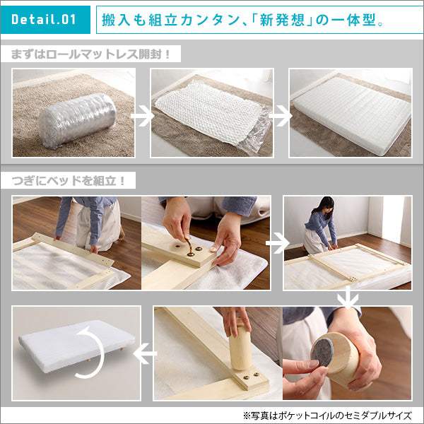 Unite Raide・新発想で搬入も組立カンタン! ほどよい弾力 脚付きロールマットレス(ボンネルコイルスプリング)【ユニテ・ライド】ダブルサイズ - DEGUTI