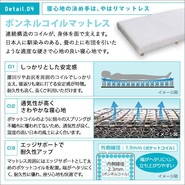 Unite Raide・新発想で搬入も組立カンタン! ほどよい弾力 脚付きロールマットレス(ボンネルコイルスプリング)【ユニテ・ライド】ダブルサイズ - DEGUTI