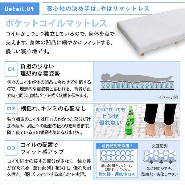 Unite Doux・新発想で搬入も組立カンタン!やわらかな寝心地 脚付きロールマットレス(ポケットコイルスプリング)【ユニテ・ドゥ】セミダブルサイズ - DEGUTI